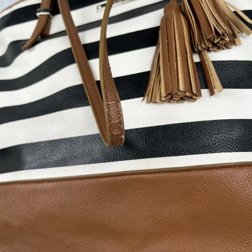 Nine West Tote Bag Black White Striped Faux‎ Leather Tassels Brown Trim